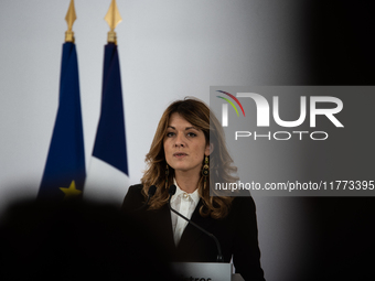 Maud Bregeon, Minister Delegate of the Premier and government spokesperson, meets the press at the end of the Council of Ministers in Paris,...