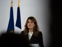 Maud Bregeon, Minister Delegate of the Premier and government spokesperson, meets the press at the end of the Council of Ministers in Paris,...