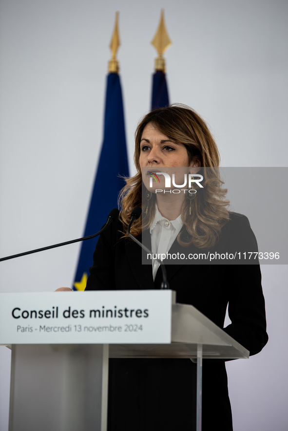 Maud Bregeon, Minister Delegate of the Premier and government spokesperson, meets the press at the end of the Council of Ministers in Paris,...