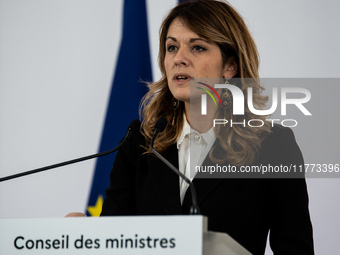 Maud Bregeon, Minister Delegate of the Premier and government spokesperson, meets the press at the end of the Council of Ministers in Paris,...