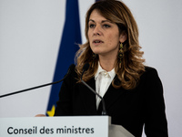 Maud Bregeon, Minister Delegate of the Premier and government spokesperson, meets the press at the end of the Council of Ministers in Paris,...