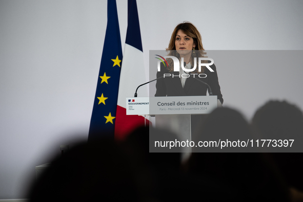 Maud Bregeon, Minister Delegate of the Premier and government spokesperson, meets the press at the end of the Council of Ministers in Paris,...