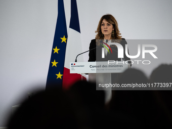 Maud Bregeon, Minister Delegate of the Premier and government spokesperson, meets the press at the end of the Council of Ministers in Paris,...