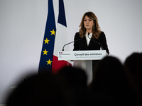 Maud Bregeon, Minister Delegate of the Premier and government spokesperson, meets the press at the end of the Council of Ministers in Paris,...