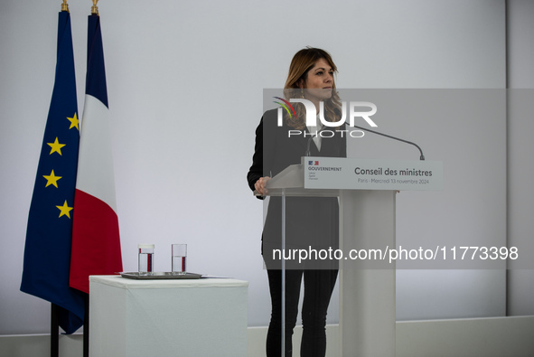 Maud Bregeon, Minister Delegate of the Premier and government spokesperson, meets the press at the end of the Council of Ministers in Paris,...