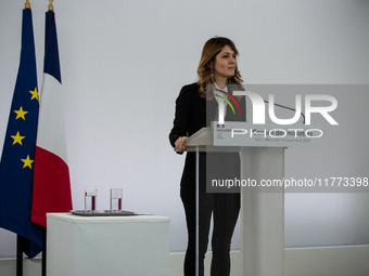 Maud Bregeon, Minister Delegate of the Premier and government spokesperson, meets the press at the end of the Council of Ministers in Paris,...