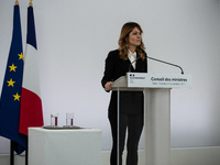 Maud Bregeon, Minister Delegate of the Premier and government spokesperson, meets the press at the end of the Council of Ministers in Paris,...