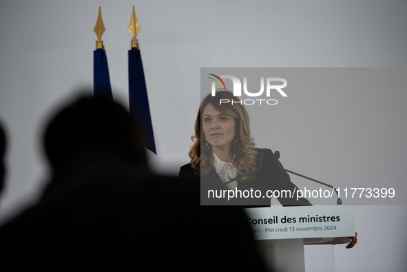 Maud Bregeon, Minister Delegate of the Premier and government spokesperson, meets the press at the end of the Council of Ministers in Paris,...