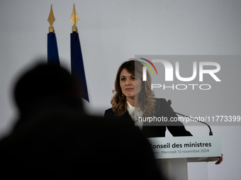 Maud Bregeon, Minister Delegate of the Premier and government spokesperson, meets the press at the end of the Council of Ministers in Paris,...