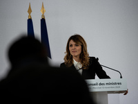 Maud Bregeon, Minister Delegate of the Premier and government spokesperson, meets the press at the end of the Council of Ministers in Paris,...