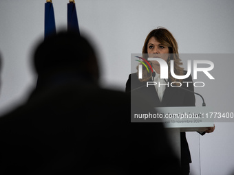 Maud Bregeon, Minister Delegate of the Premier and government spokesperson, meets the press at the end of the Council of Ministers in Paris,...