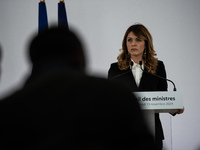 Maud Bregeon, Minister Delegate of the Premier and government spokesperson, meets the press at the end of the Council of Ministers in Paris,...