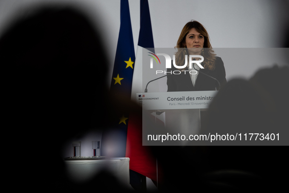 Maud Bregeon, Minister Delegate of the Premier and government spokesperson, meets the press at the end of the Council of Ministers in Paris,...