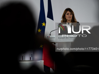 Maud Bregeon, Minister Delegate of the Premier and government spokesperson, meets the press at the end of the Council of Ministers in Paris,...