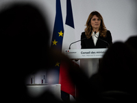 Maud Bregeon, Minister Delegate of the Premier and government spokesperson, meets the press at the end of the Council of Ministers in Paris,...