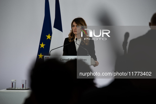 Maud Bregeon, Minister Delegate of the Premier and government spokesperson, meets the press at the end of the Council of Ministers in Paris,...