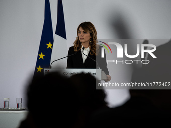 Maud Bregeon, Minister Delegate of the Premier and government spokesperson, meets the press at the end of the Council of Ministers in Paris,...