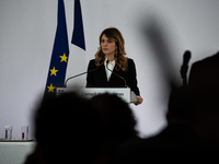 Maud Bregeon, Minister Delegate of the Premier and government spokesperson, meets the press at the end of the Council of Ministers in Paris,...