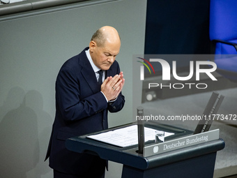 German Chancellor Olaf Scholz holds a Government Declaration at the lower house of Parliament Bundestag in Berlin, Germany, on November 13,...