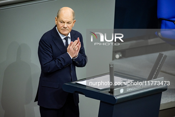 German Chancellor Olaf Scholz holds a Government Declaration at the lower house of Parliament Bundestag in Berlin, Germany, on November 13,...