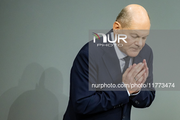 German Chancellor Olaf Scholz holds a Government Declaration at the lower house of Parliament Bundestag in Berlin, Germany, on November 13,...