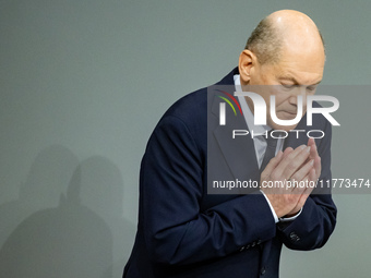 German Chancellor Olaf Scholz holds a Government Declaration at the lower house of Parliament Bundestag in Berlin, Germany, on November 13,...