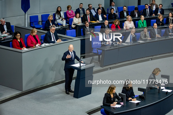 German Chancellor Olaf Scholz holds a Government Declaration at the lower house of Parliament Bundestag in Berlin, Germany, on November 13,...