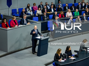 German Chancellor Olaf Scholz holds a Government Declaration at the lower house of Parliament Bundestag in Berlin, Germany, on November 13,...