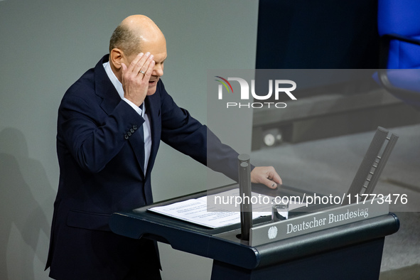 German Chancellor Olaf Scholz holds a Government Declaration at the lower house of Parliament Bundestag in Berlin, Germany, on November 13,...