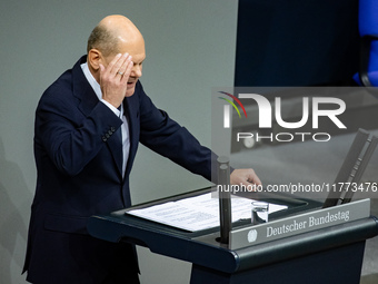 German Chancellor Olaf Scholz holds a Government Declaration at the lower house of Parliament Bundestag in Berlin, Germany, on November 13,...