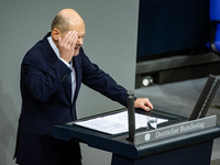 German Chancellor Olaf Scholz holds a Government Declaration at the lower house of Parliament Bundestag in Berlin, Germany, on November 13,...