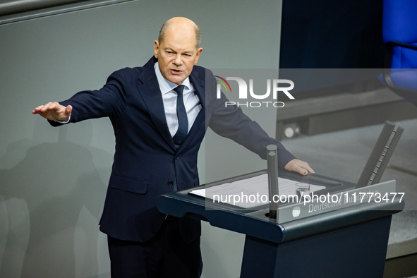 German Chancellor Olaf Scholz holds a Government Declaration at the lower house of Parliament Bundestag in Berlin, Germany, on November 13,...