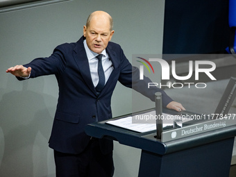 German Chancellor Olaf Scholz holds a Government Declaration at the lower house of Parliament Bundestag in Berlin, Germany, on November 13,...