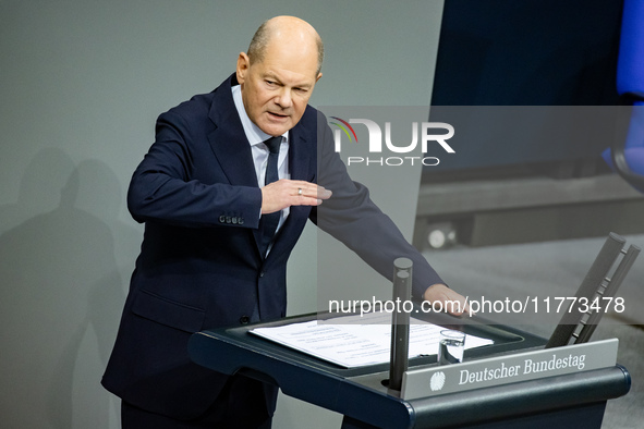 German Chancellor Olaf Scholz holds a Government Declaration at the lower house of Parliament Bundestag in Berlin, Germany, on November 13,...