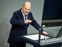 German Chancellor Olaf Scholz holds a Government Declaration at the lower house of Parliament Bundestag in Berlin, Germany, on November 13,...