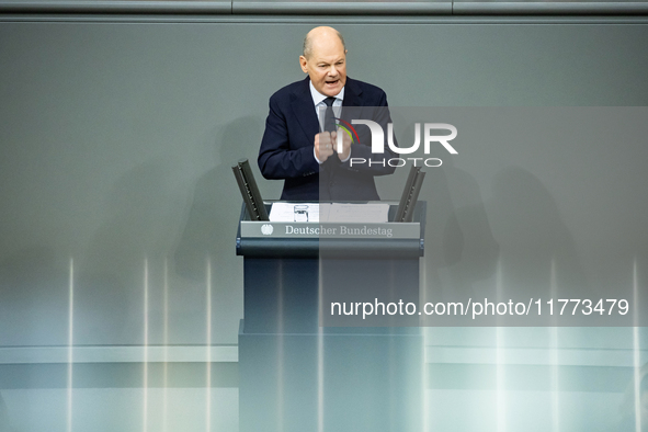 German Chancellor Olaf Scholz holds a Government Declaration at the lower house of Parliament Bundestag in Berlin, Germany, on November 13,...