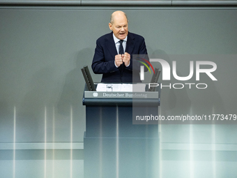 German Chancellor Olaf Scholz holds a Government Declaration at the lower house of Parliament Bundestag in Berlin, Germany, on November 13,...