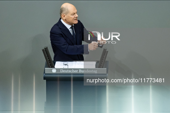 German Chancellor Olaf Scholz holds a Government Declaration at the lower house of Parliament Bundestag in Berlin, Germany, on November 13,...