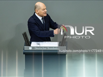 German Chancellor Olaf Scholz holds a Government Declaration at the lower house of Parliament Bundestag in Berlin, Germany, on November 13,...