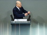 German Chancellor Olaf Scholz holds a Government Declaration at the lower house of Parliament Bundestag in Berlin, Germany, on November 13,...