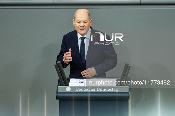 German Chancellor Olaf Scholz holds a Government Declaration at the lower house of Parliament Bundestag in Berlin, Germany, on November 13,...