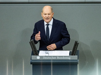 German Chancellor Olaf Scholz holds a Government Declaration at the lower house of Parliament Bundestag in Berlin, Germany, on November 13,...