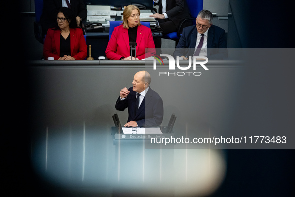 German Chancellor Olaf Scholz holds a Government Declaration at the lower house of Parliament Bundestag in Berlin, Germany, on November 13,...