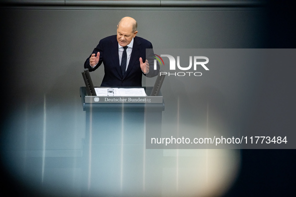 German Chancellor Olaf Scholz holds a Government Declaration at the lower house of Parliament Bundestag in Berlin, Germany, on November 13,...