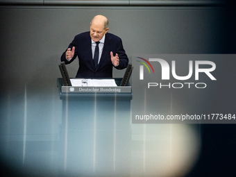 German Chancellor Olaf Scholz holds a Government Declaration at the lower house of Parliament Bundestag in Berlin, Germany, on November 13,...