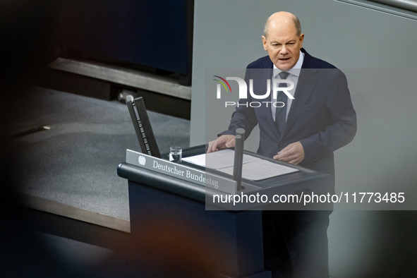 German Chancellor Olaf Scholz holds a Government Declaration at the lower house of Parliament Bundestag in Berlin, Germany, on November 13,...