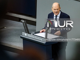 German Chancellor Olaf Scholz holds a Government Declaration at the lower house of Parliament Bundestag in Berlin, Germany, on November 13,...