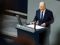 German Chancellor Olaf Scholz holds a Government Declaration at the lower house of Parliament Bundestag in Berlin, Germany, on November 13,...