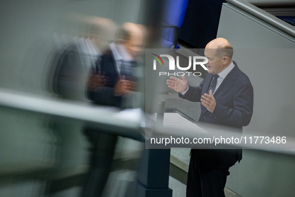 German Chancellor Olaf Scholz holds a Government Declaration at the lower house of Parliament Bundestag in Berlin, Germany, on November 13,...