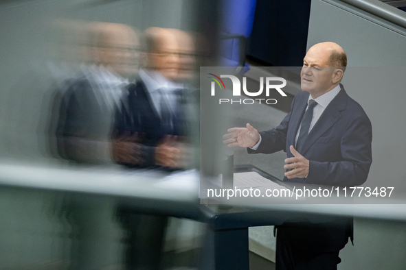 German Chancellor Olaf Scholz holds a Government Declaration at the lower house of Parliament Bundestag in Berlin, Germany, on November 13,...